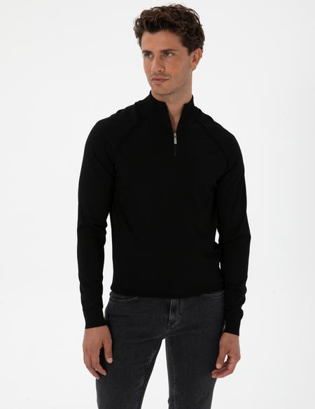 Siyah Slim Fit Dik Yaka Fermuarlı Triko Kazak - 50315752003