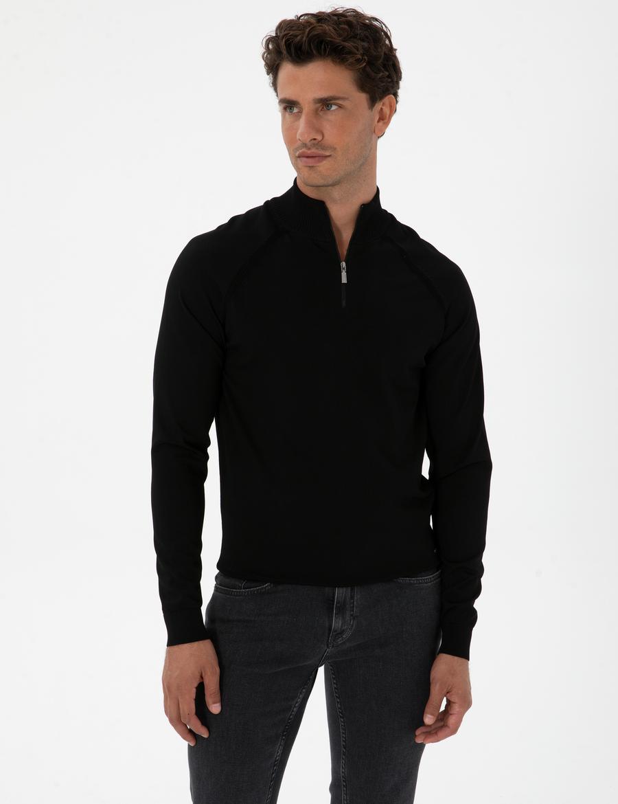 Siyah Slim Fit Dik Yaka Fermuarlı Triko Kazak