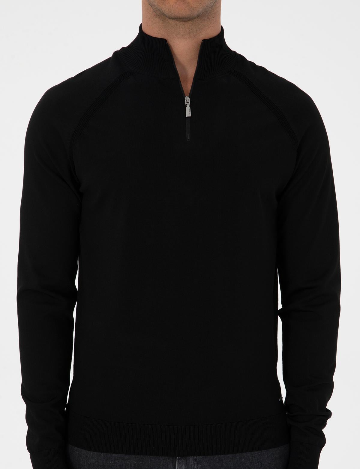 Siyah Slim Fit Dik Yaka Fermuarlı Triko Kazak - 50315752003