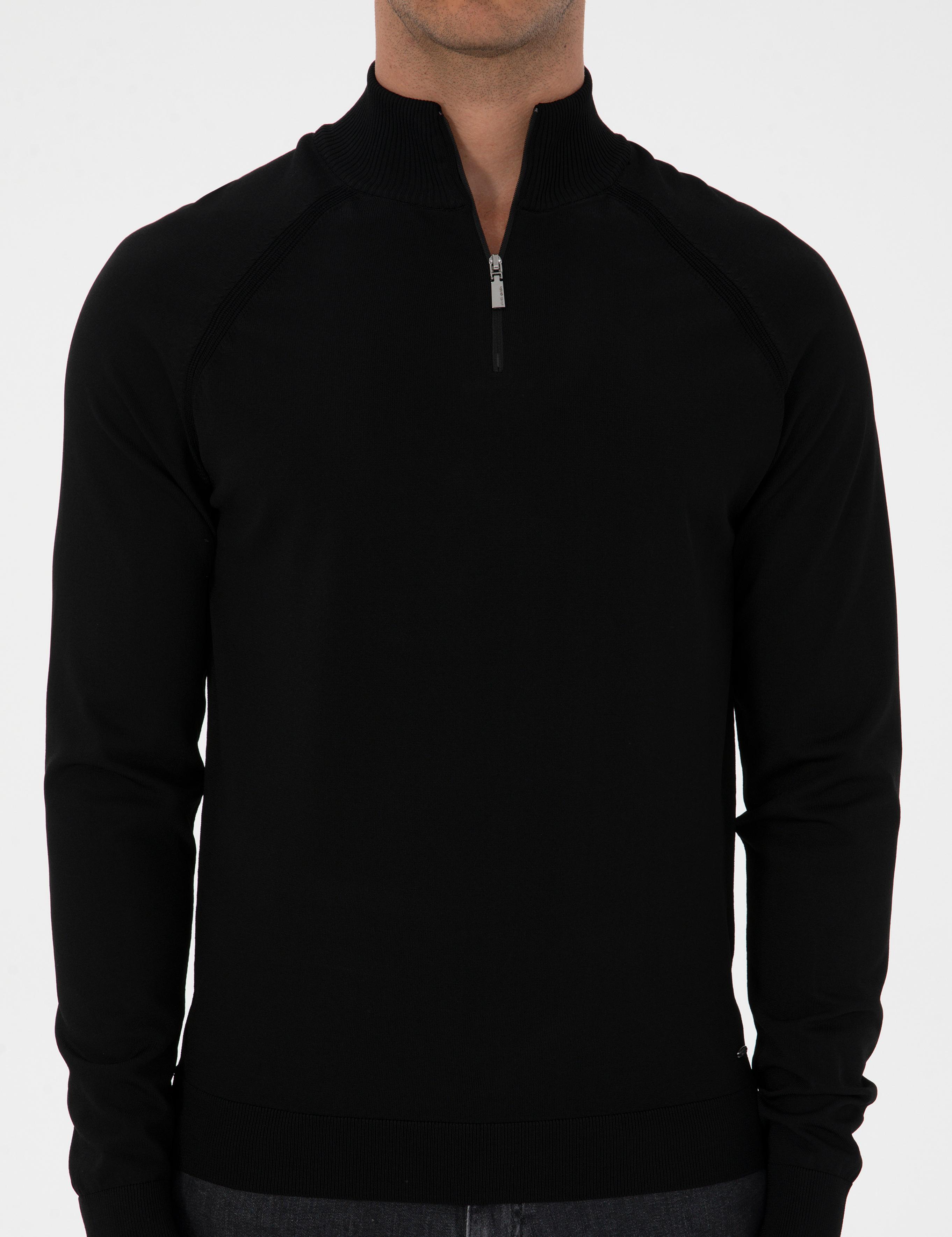 Siyah Slim Fit Dik Yaka Fermuarlı Triko Kazak