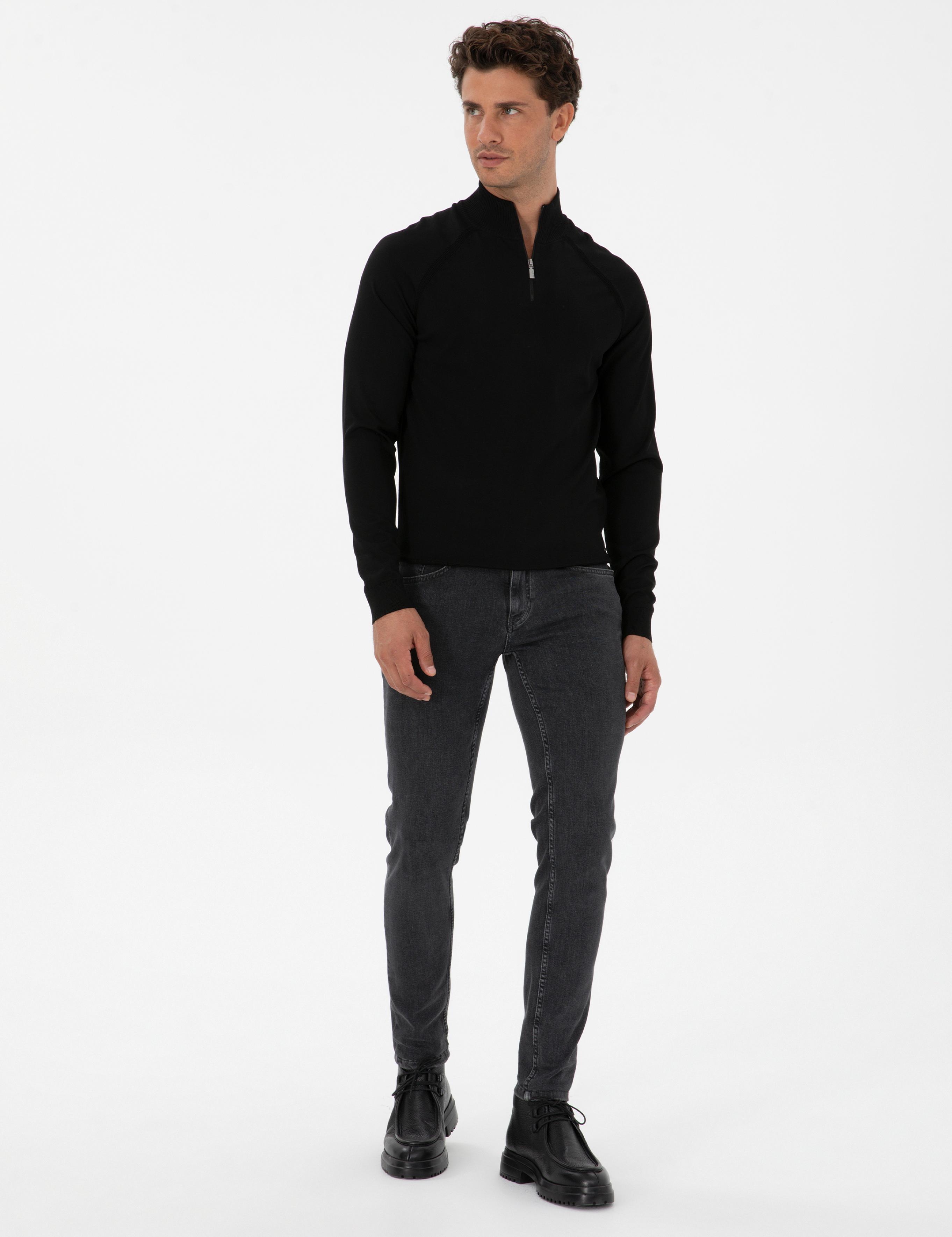 Siyah Slim Fit Dik Yaka Fermuarlı Triko Kazak