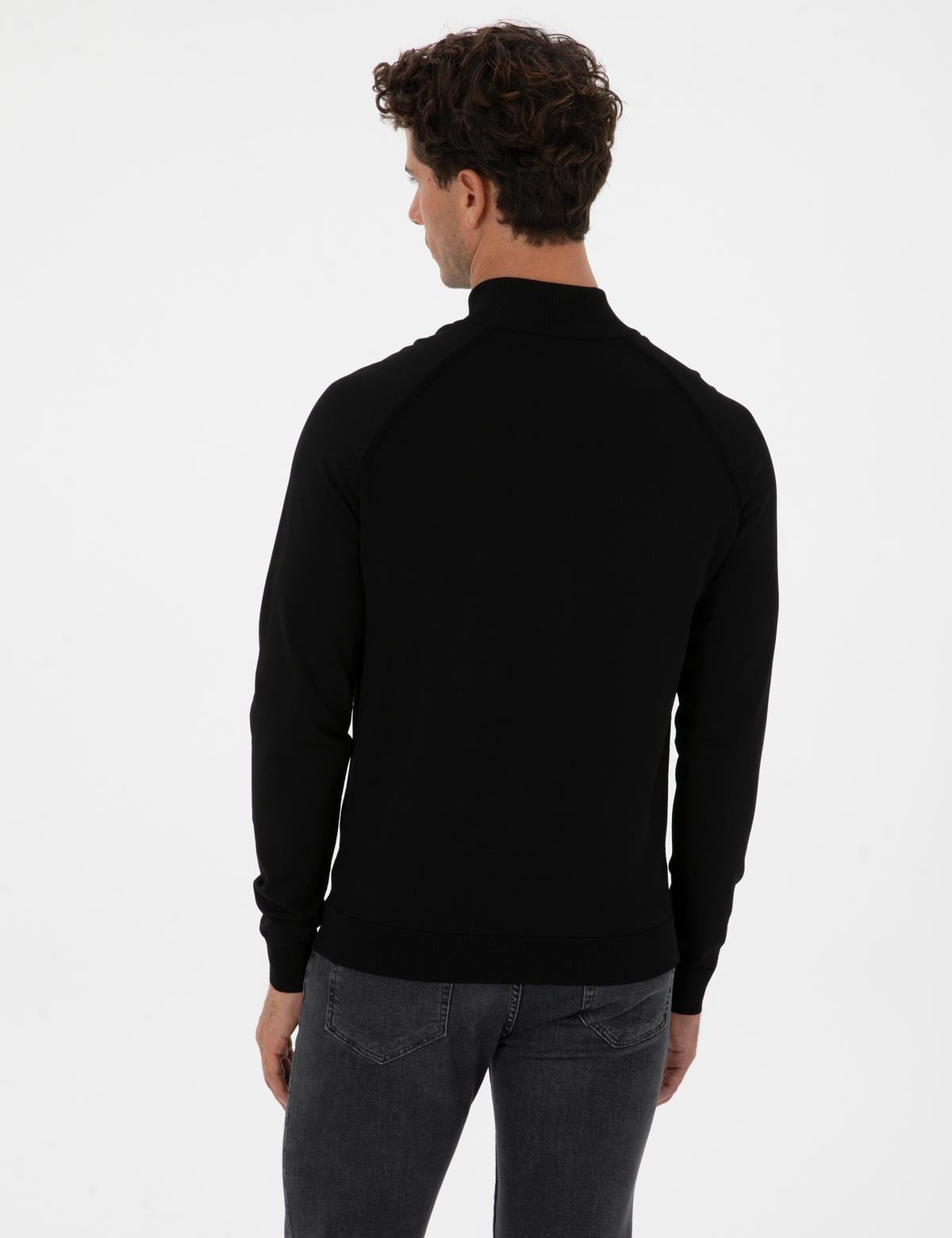 Siyah Slim Fit Dik Yaka Fermuarlı Triko Kazak - 50315752003