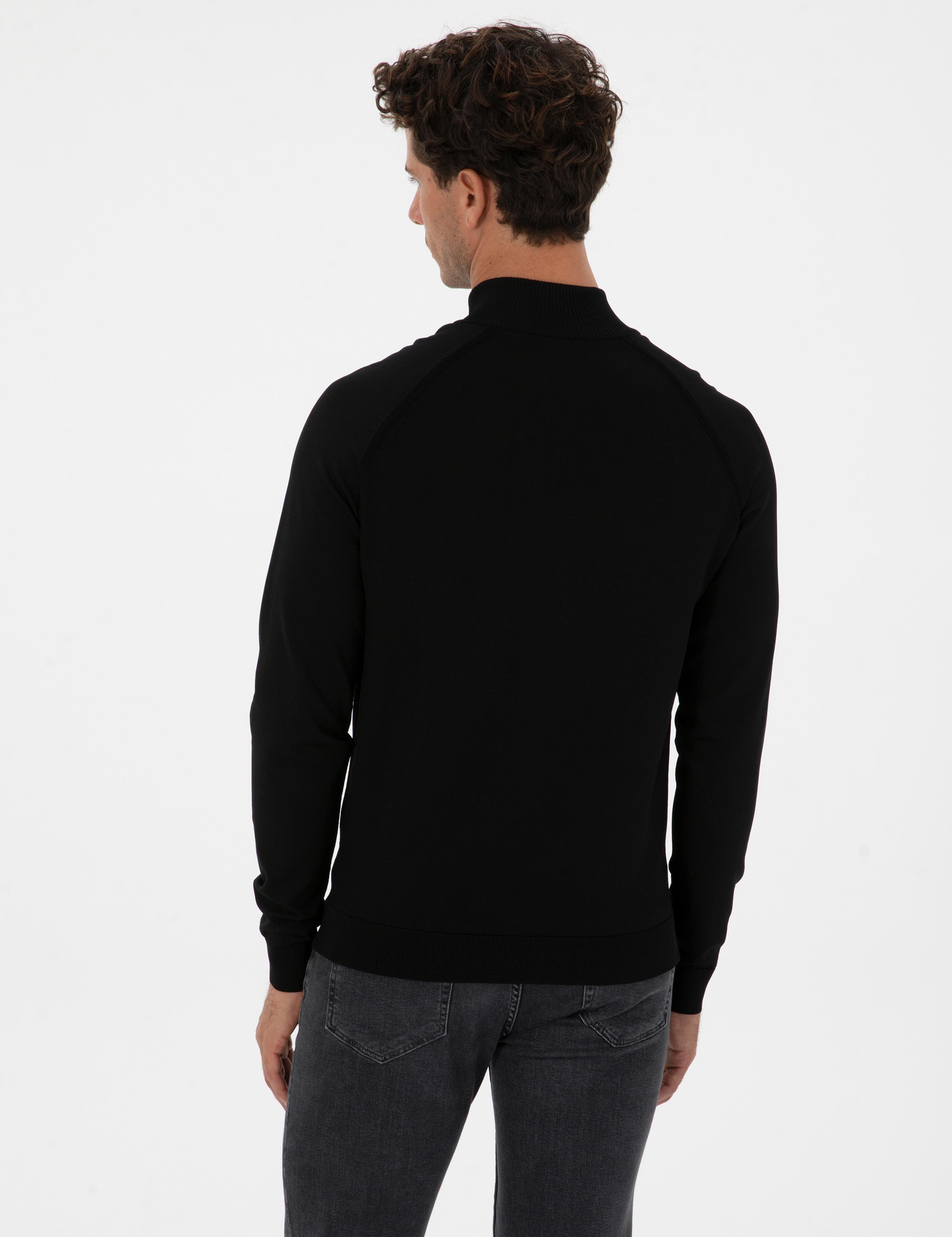 Siyah Slim Fit Dik Yaka Fermuarlı Triko Kazak