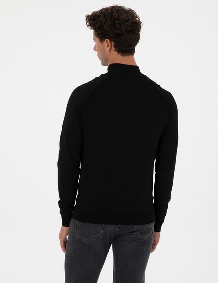 Siyah Slim Fit Dik Yaka Fermuarlı Triko Kazak - 50315752003