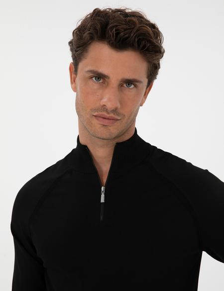 Siyah Slim Fit Dik Yaka Fermuarlı Triko Kazak - 50315752003