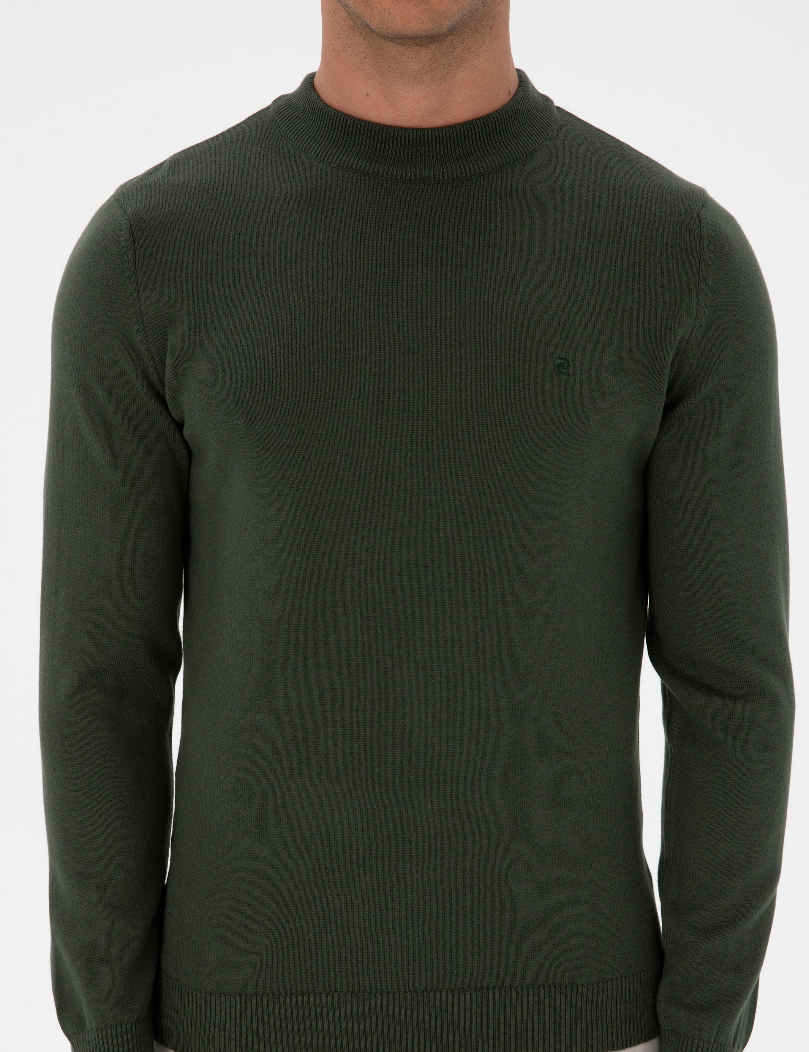 Koyu Haki Slim Fit Çeyrek Yaka Basic Triko Kazak