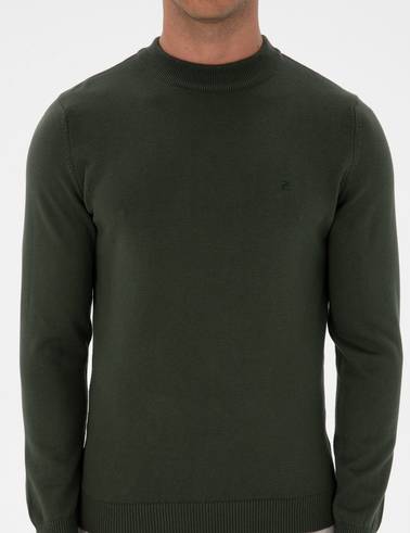 Koyu Haki Slim Fit Çeyrek Yaka Basic Triko Kazak
