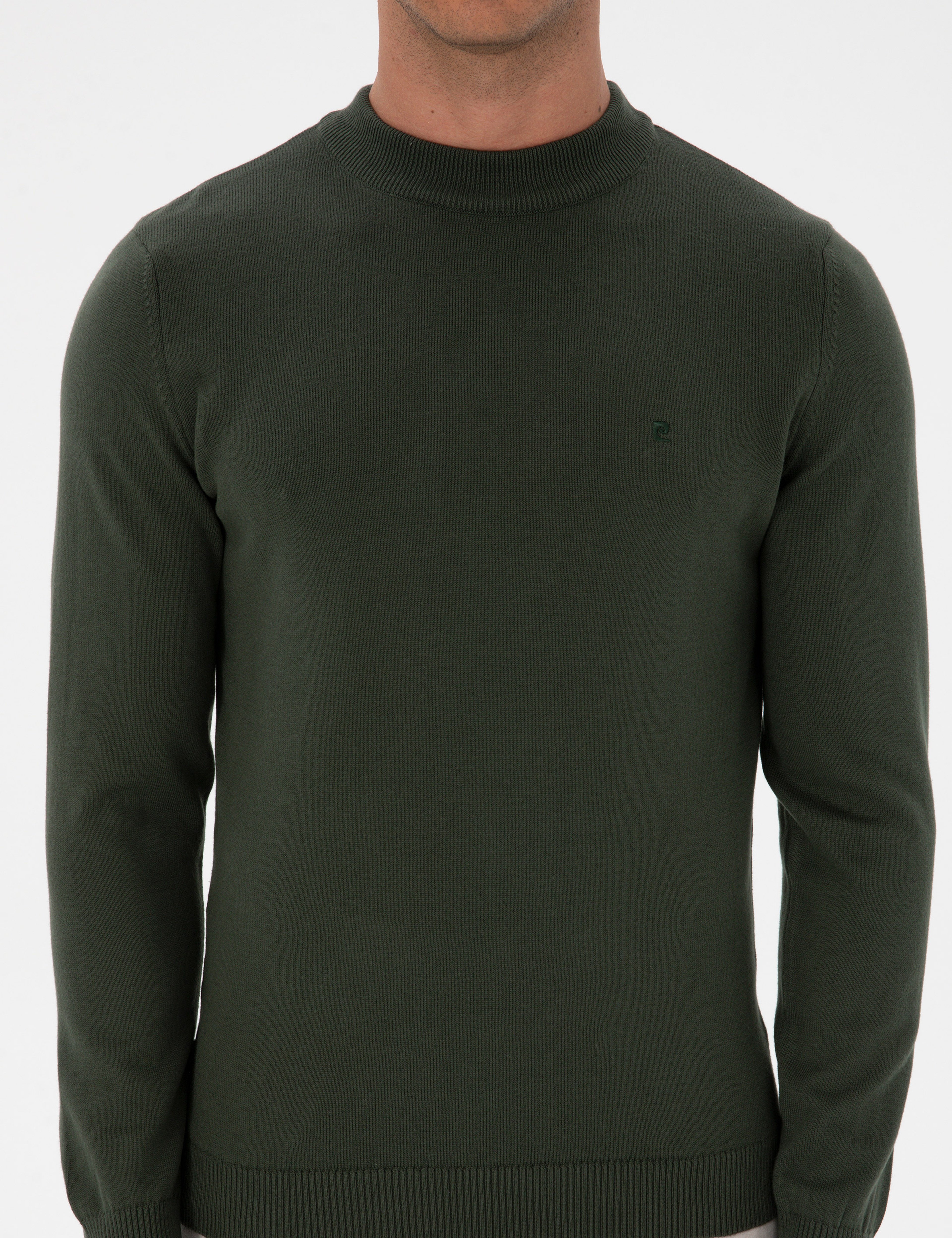 Koyu Haki Slim Fit Çeyrek Yaka Basic Triko Kazak - Image 6