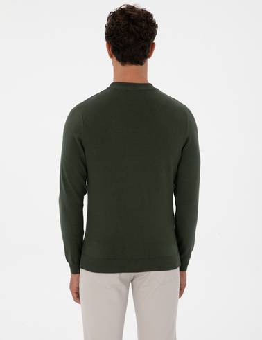 Koyu Haki Slim Fit Çeyrek Yaka Basic Triko Kazak