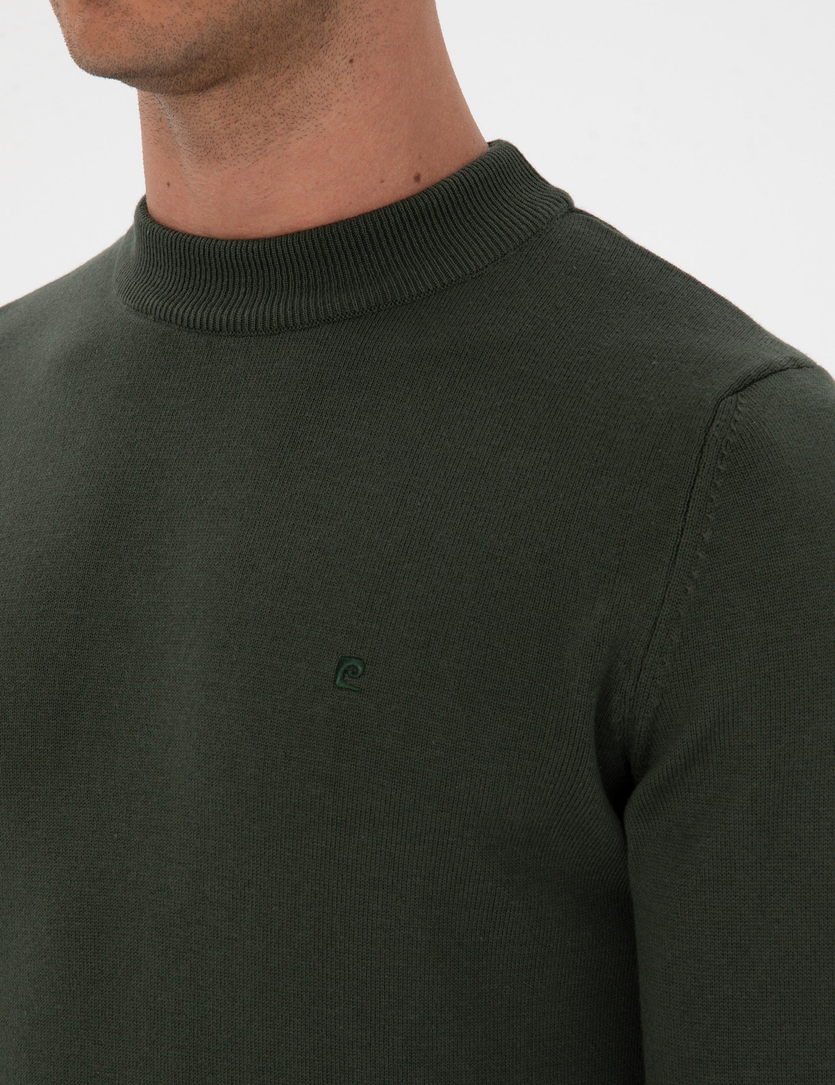 Koyu Haki Slim Fit Çeyrek Yaka Basic Triko Kazak