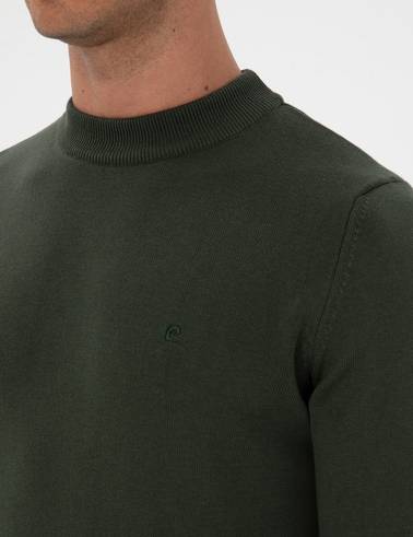 Koyu Haki Slim Fit Çeyrek Yaka Basic Triko Kazak