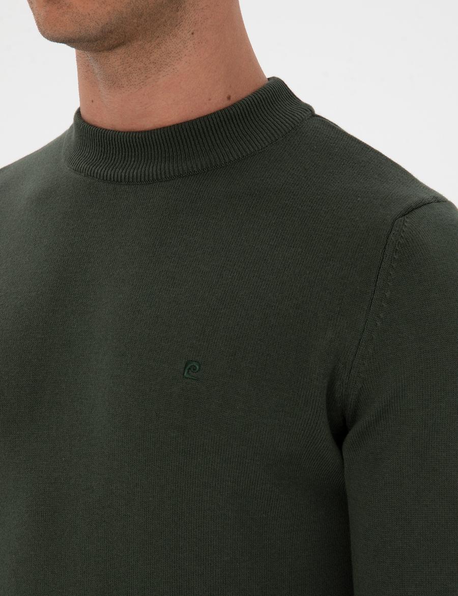 Koyu Haki Slim Fit Çeyrek Yaka Basic Triko Kazak