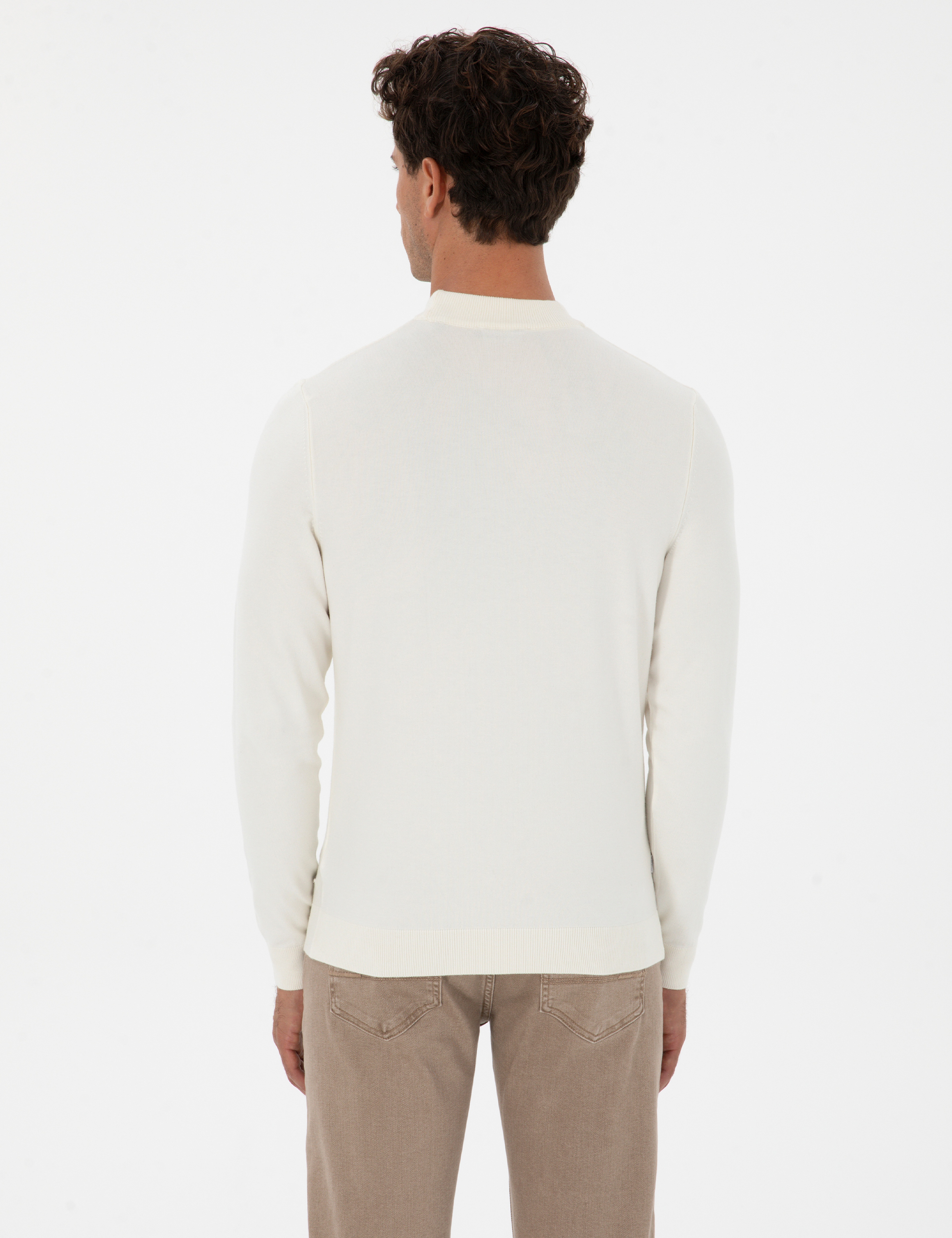 Ekru Slim Fit Çeyrek Yaka Triko Kazak