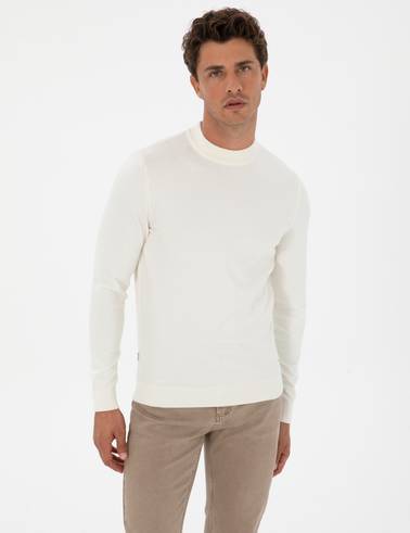 Ekru Slim Fit Çeyrek Yaka Triko Kazak
