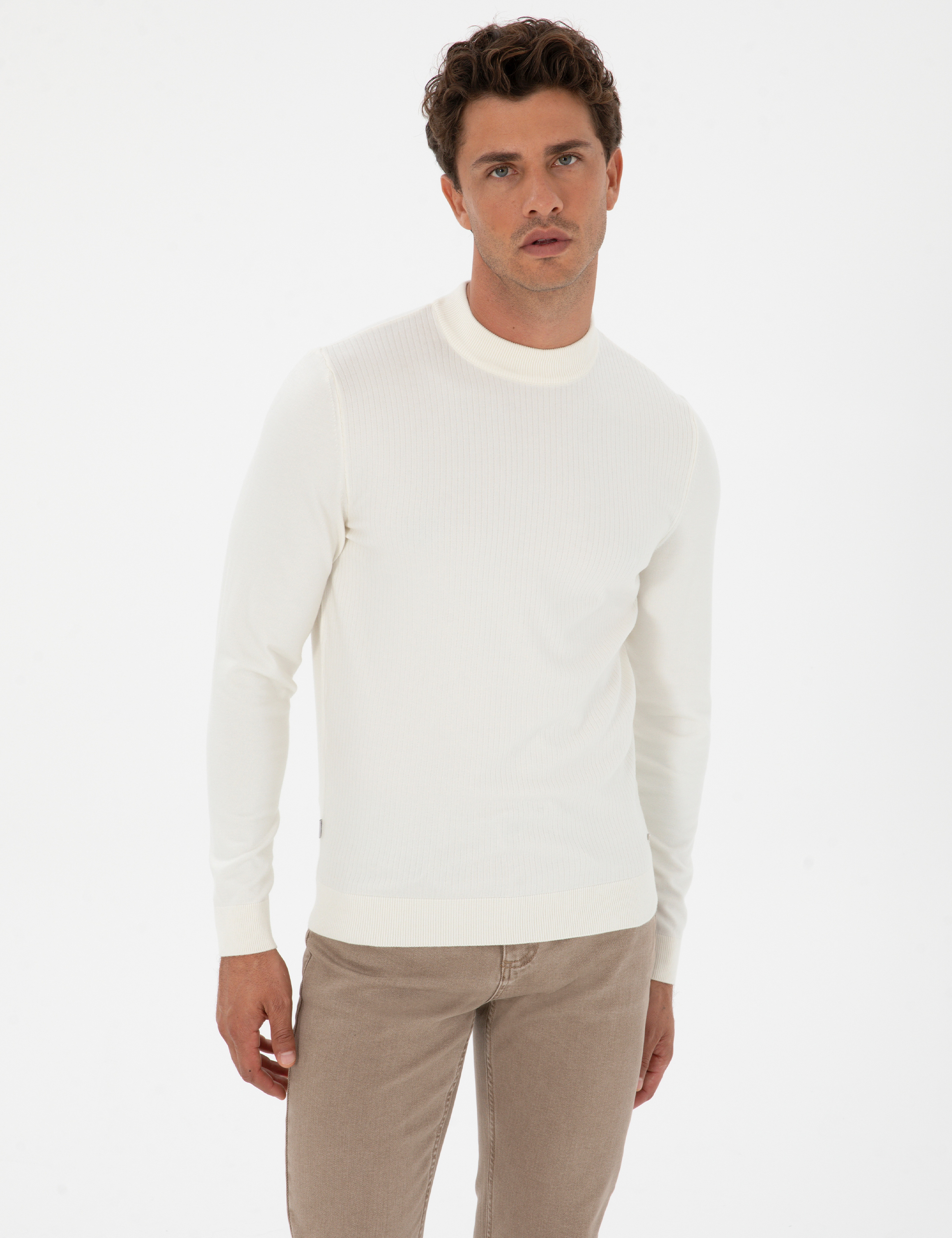 Ekru Slim Fit Çeyrek Yaka Triko Kazak - Image 3