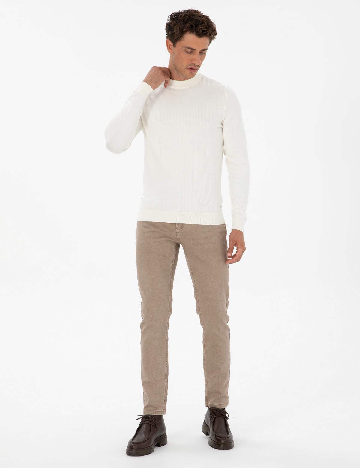 Ekru Slim Fit Çeyrek Yaka Triko Kazak - 50315728006