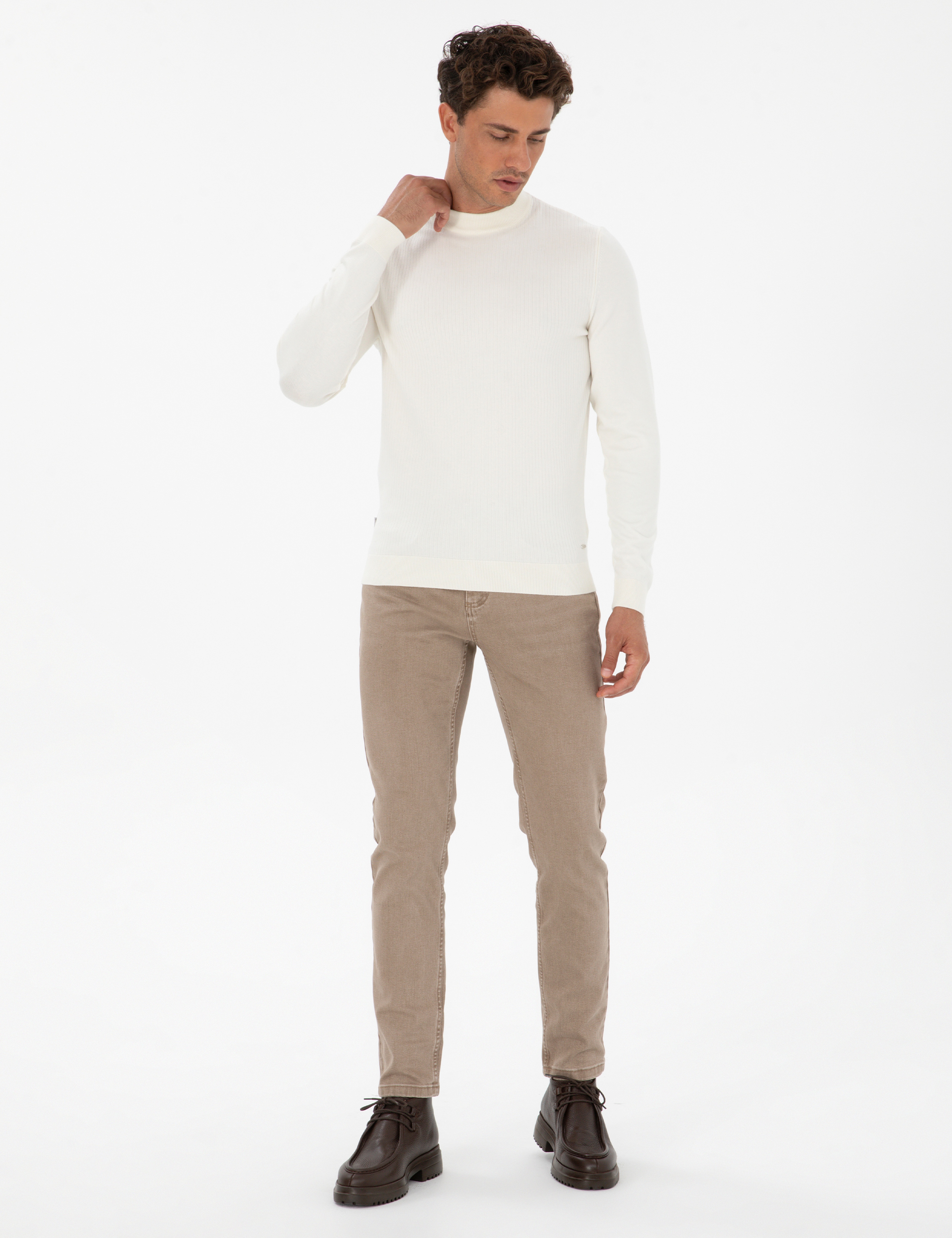 Ekru Slim Fit Çeyrek Yaka Triko Kazak - Image 4
