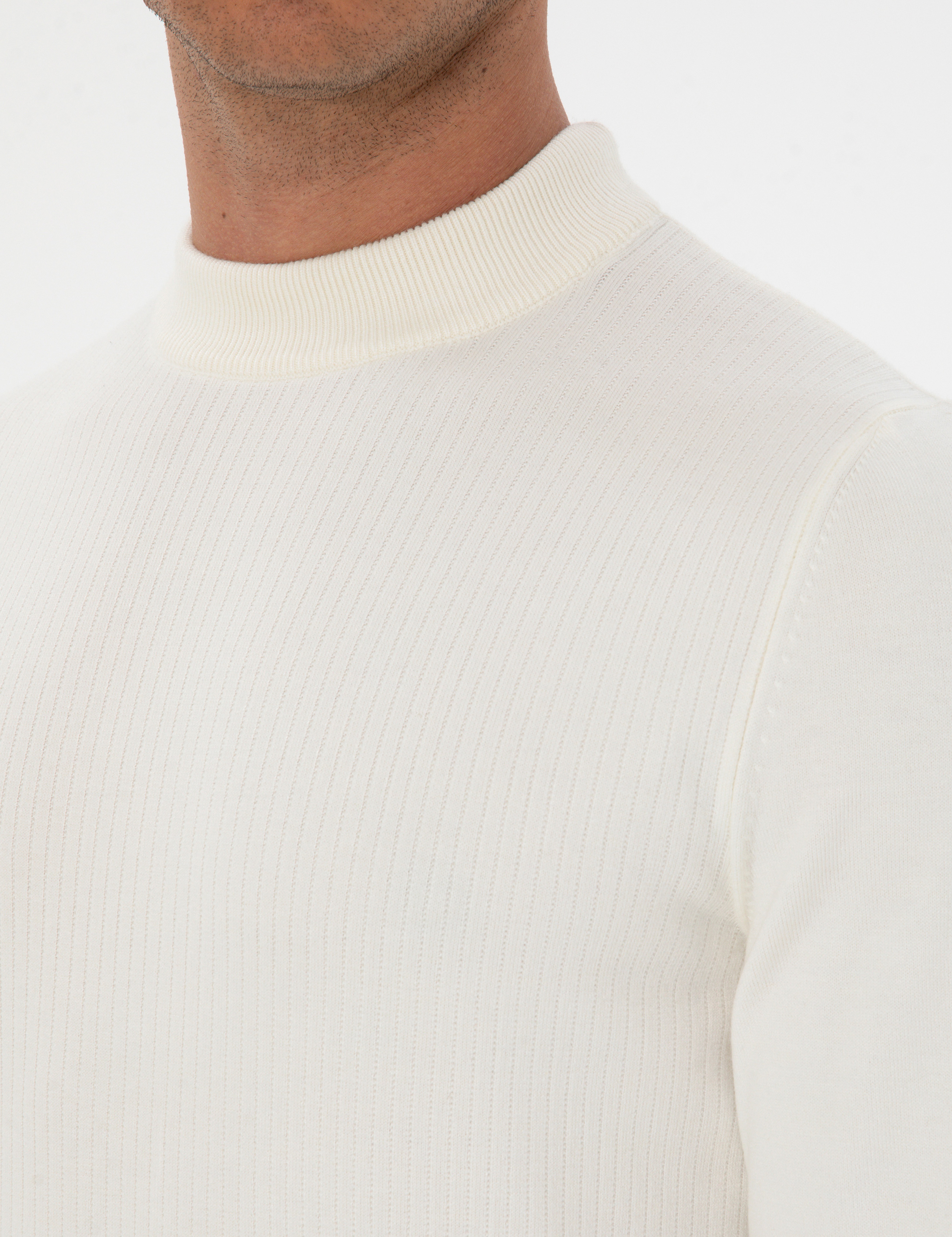 Ekru Slim Fit Çeyrek Yaka Triko Kazak - Image 7