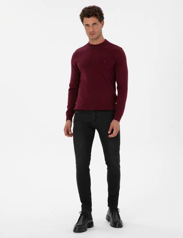 Bordo Slim Fit Çeyrek Yaka Basic Triko Kazak