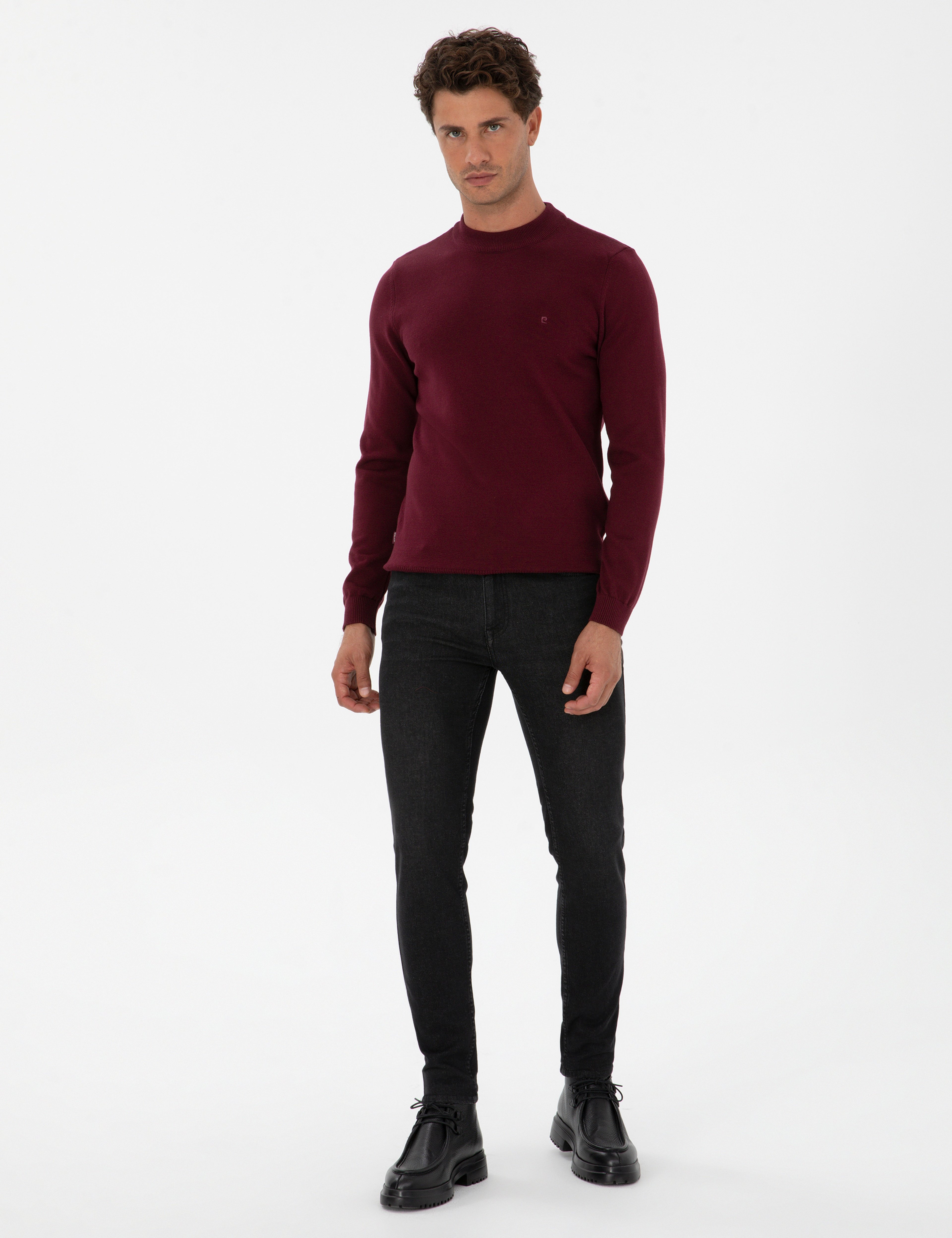 Bordo Slim Fit Çeyrek Yaka Basic Triko Kazak - Image 4