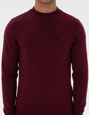 Bordo Slim Fit Çeyrek Yaka Basic Triko Kazak