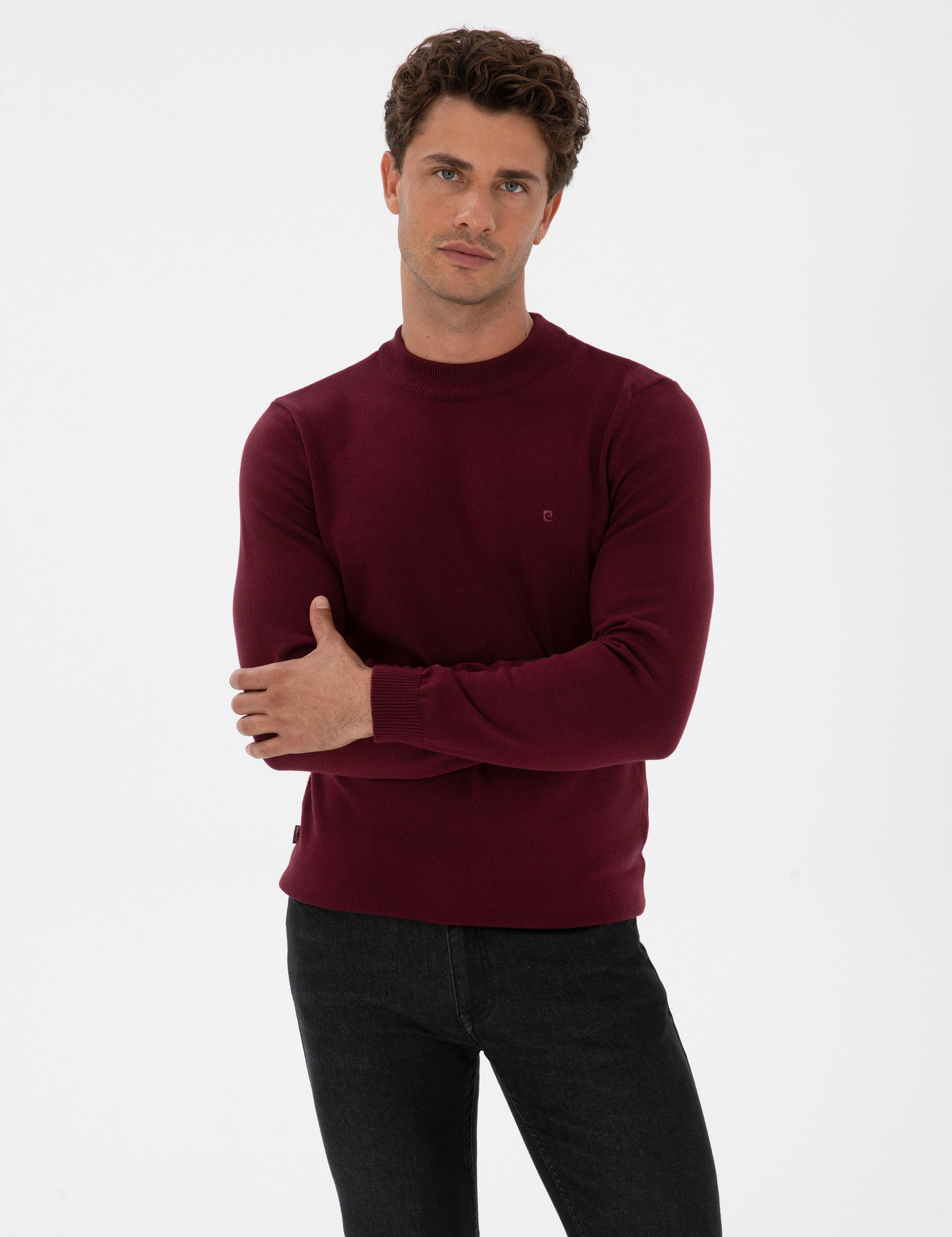 Bordo Slim Fit Çeyrek Yaka Basic Triko Kazak - Image 3