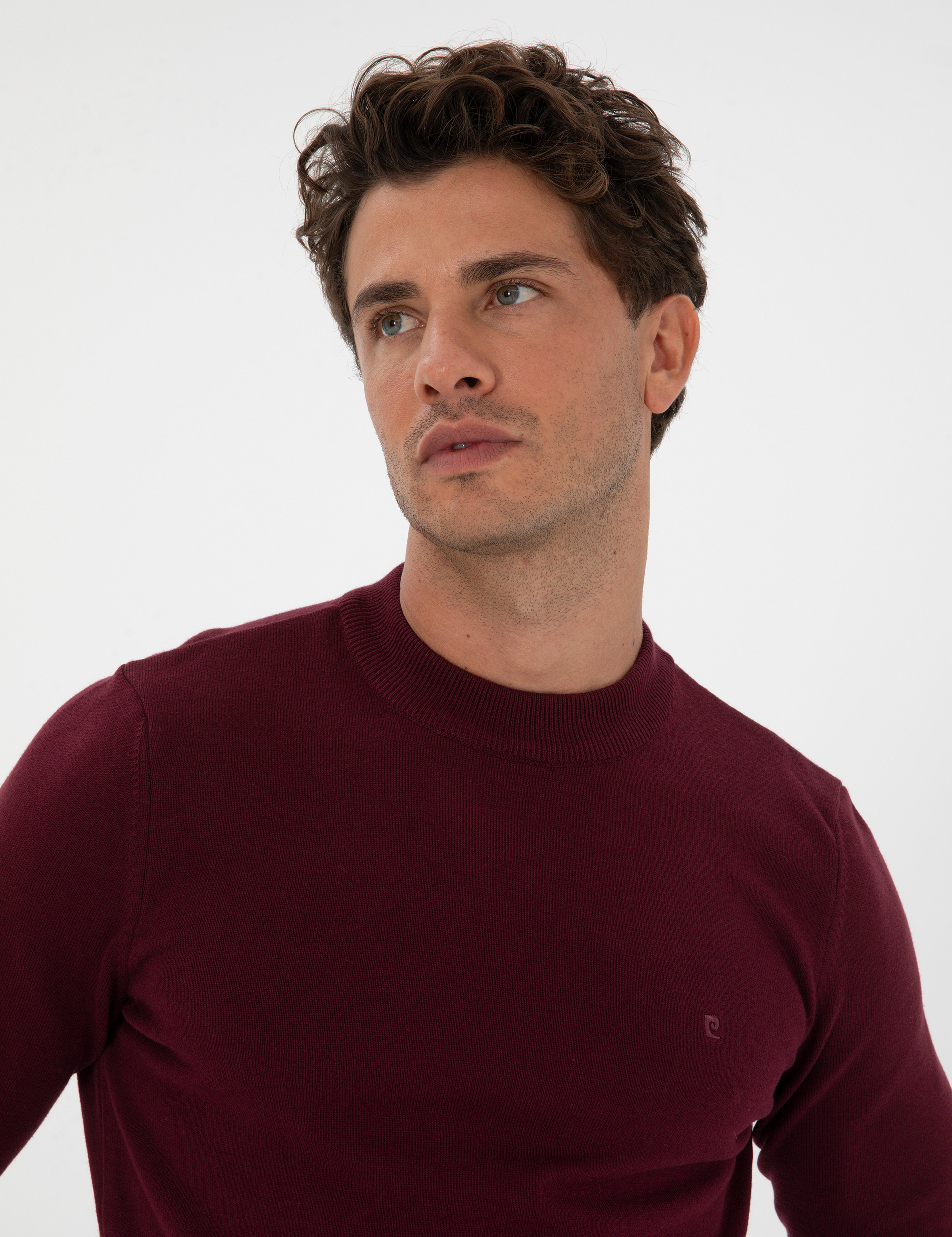 Bordo Slim Fit Çeyrek Yaka Basic Triko Kazak - Image 2