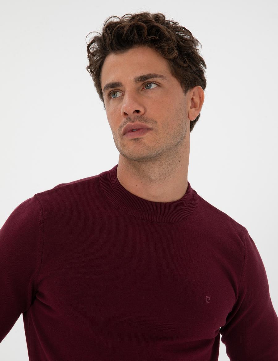 Bordo Slim Fit Çeyrek Yaka Basic Triko Kazak