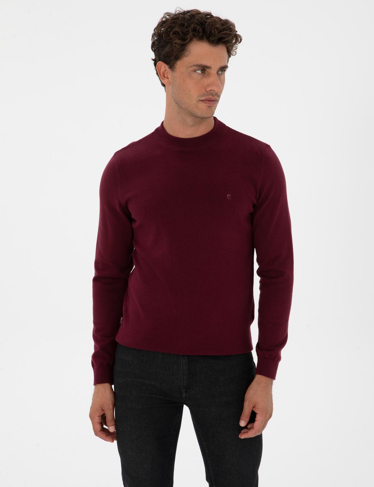 Bordo Slim Fit Çeyrek Yaka Basic Triko Kazak