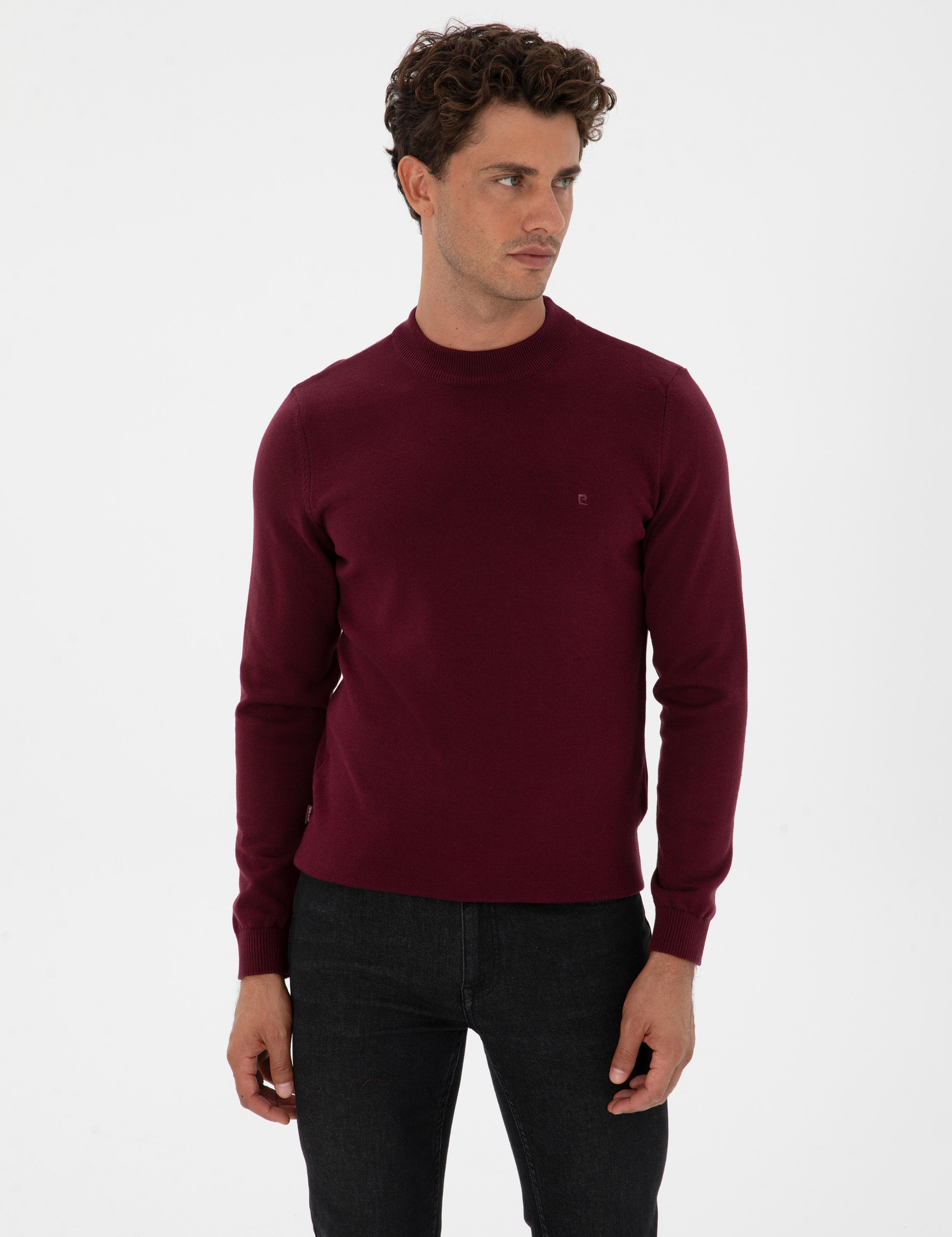 Bordo Slim Fit Çeyrek Yaka Basic Triko Kazak
