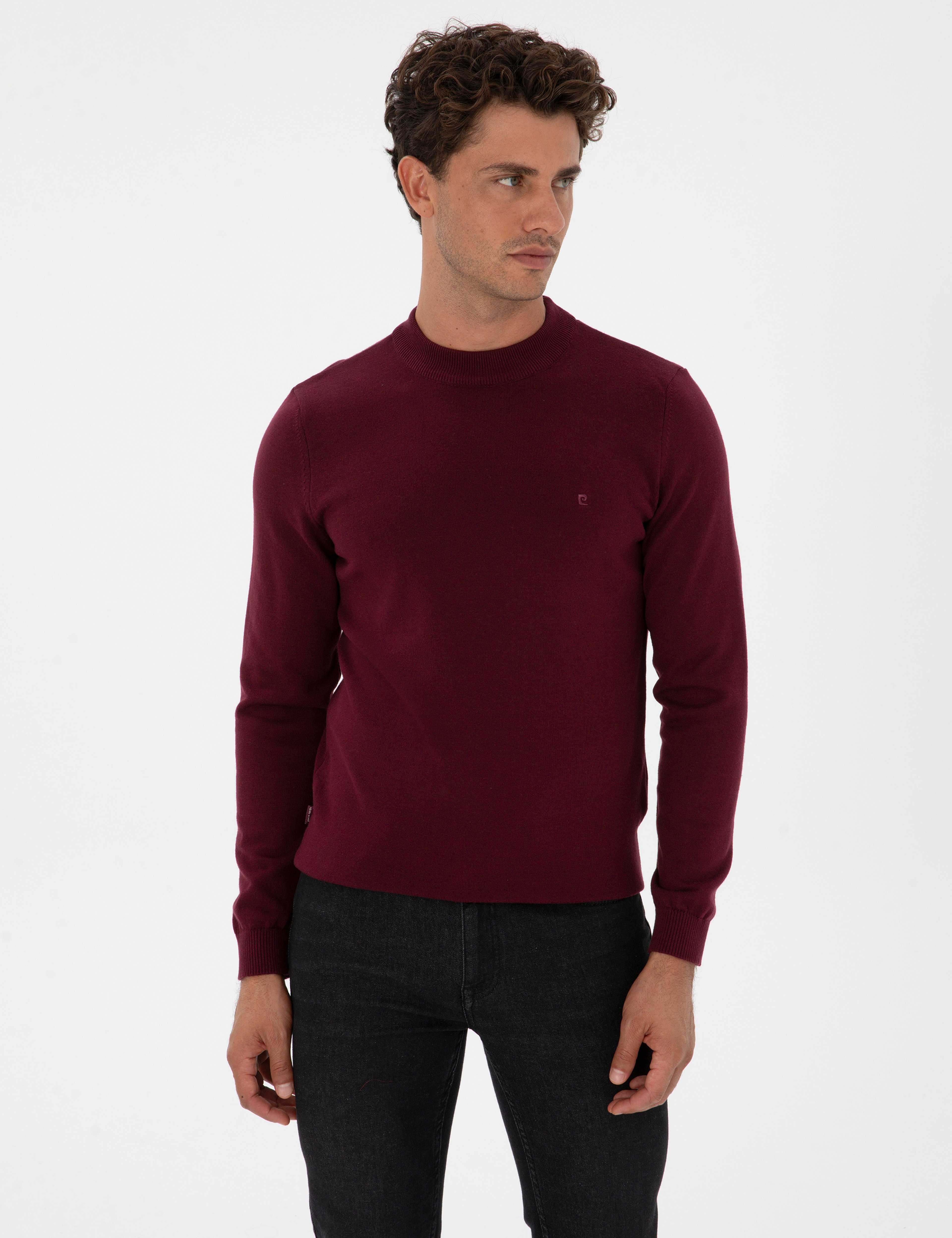 Bordo Slim Fit Çeyrek Yaka Basic Triko Kazak - Image 1