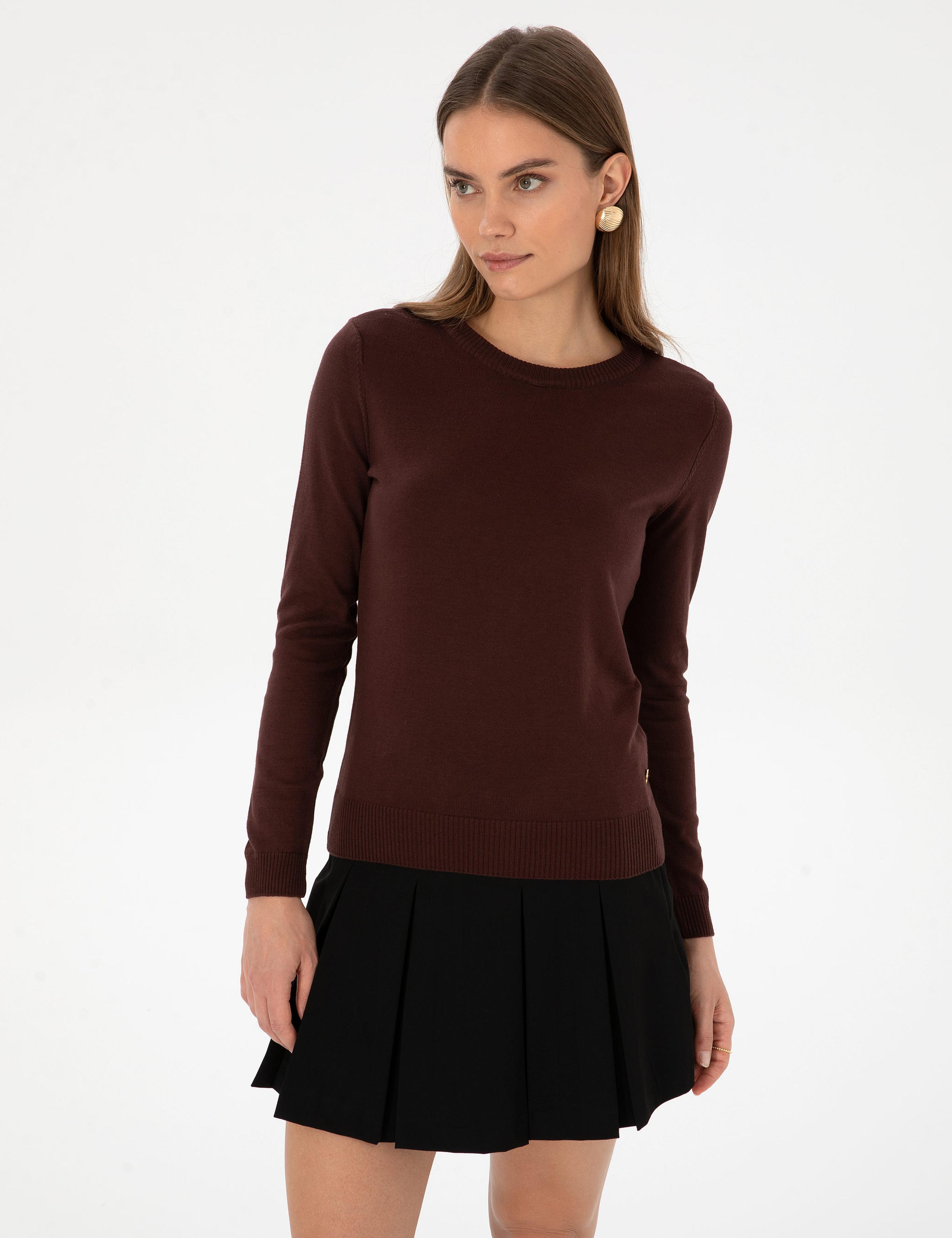 Kahverengi Slim Fit Bisiklet Yaka Basic Kazak