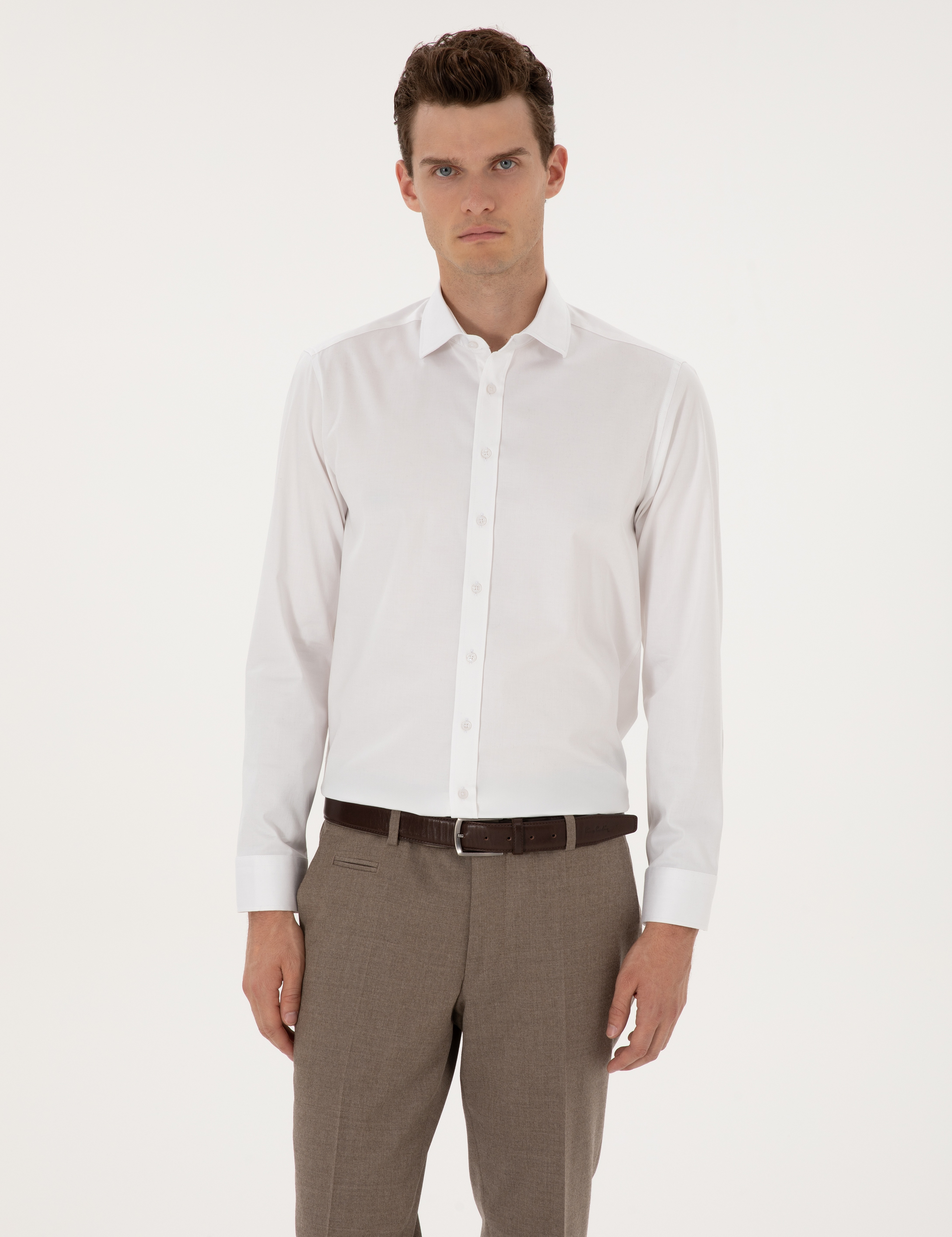 Beyaz Likralı Kolay Ütülenebilir Ex. Slim Fit Basic Gömlek - Image 3