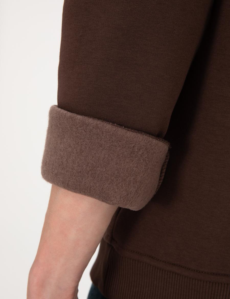 Kahverengi 3 İplik Regular Fit İçi Polarlı Bisiklet Yaka Basic Sweatshirt