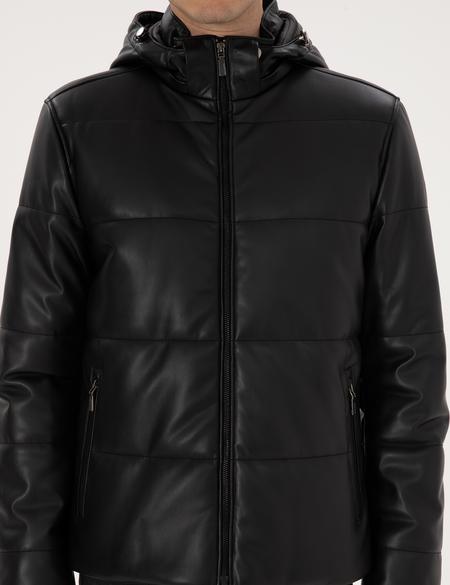 Siyah Kapüşonlu Suni Deri Ceket - 50318153005