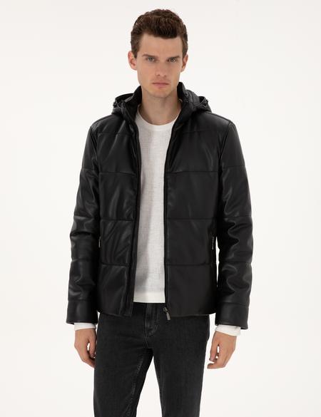 Siyah Kapüşonlu Suni Deri Ceket - 50318153005