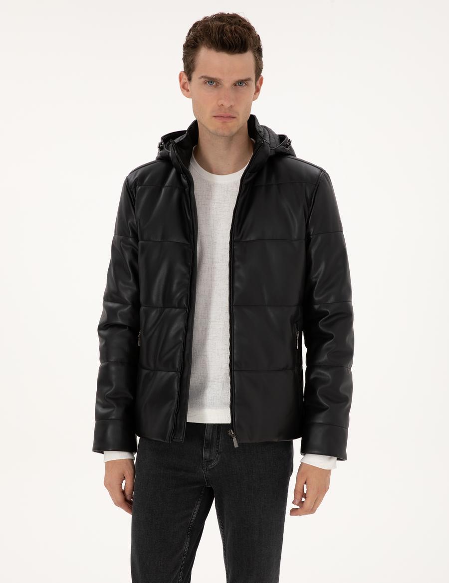 Siyah Kapüşonlu Suni Deri Ceket