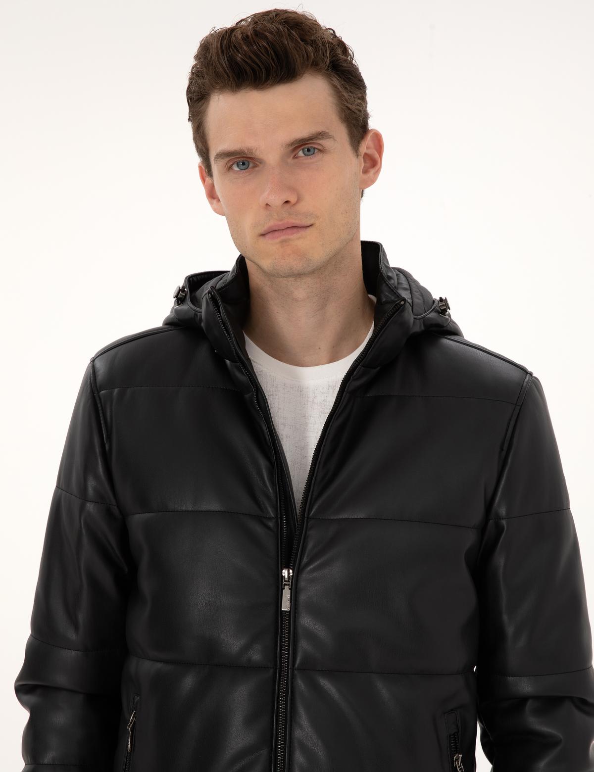 Siyah Kapüşonlu Suni Deri Ceket - 50318153005