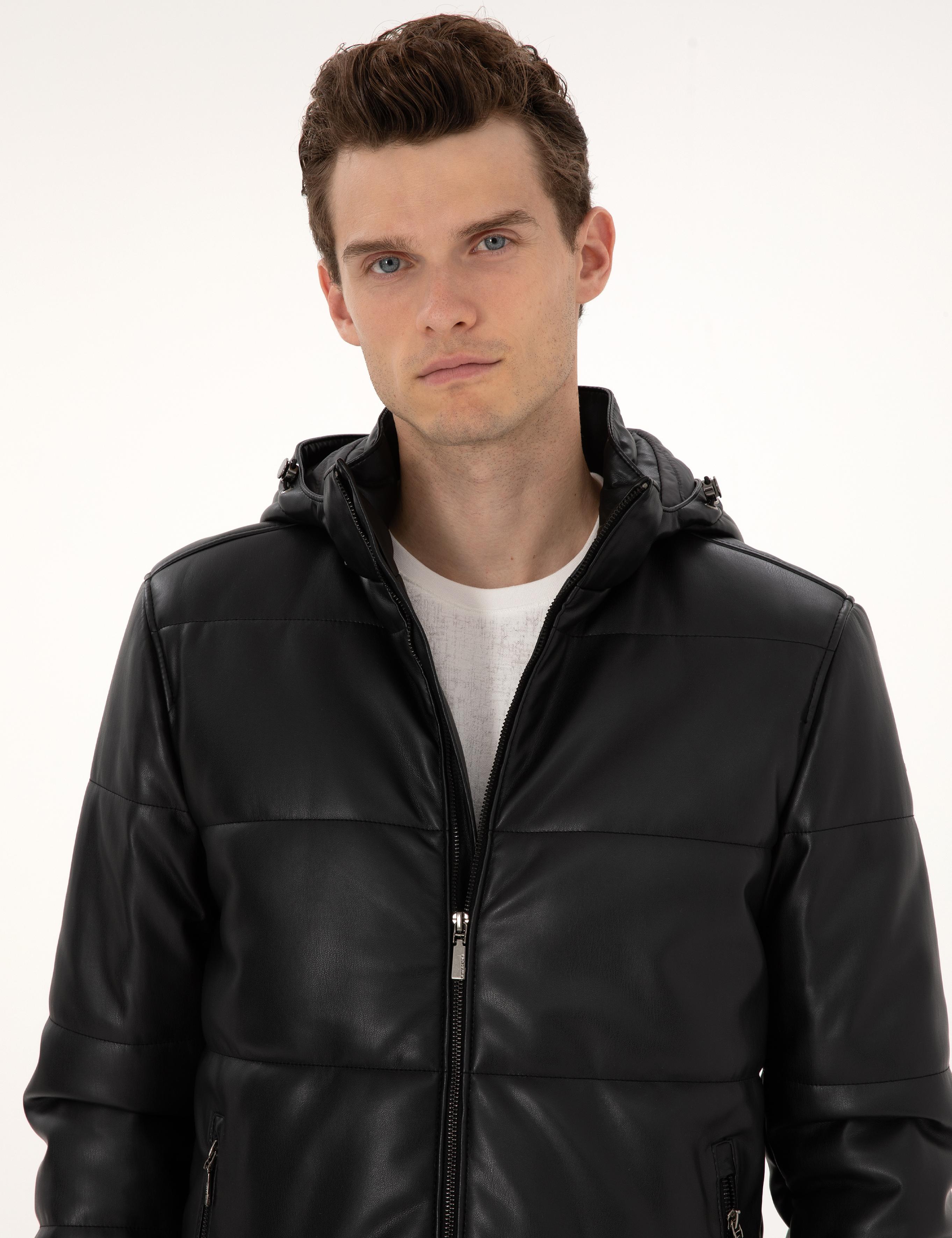 Siyah Kapüşonlu Suni Deri Ceket