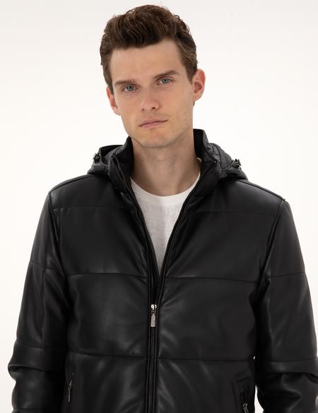 Siyah Kapüşonlu Suni Deri Ceket - 50318153005