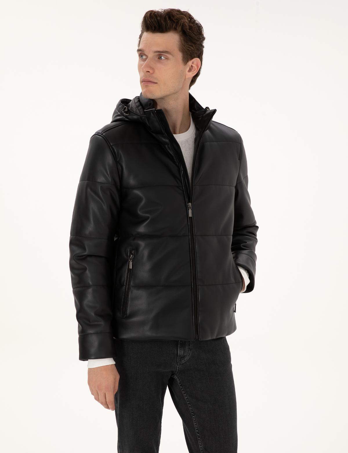 Siyah Kapüşonlu Suni Deri Ceket - 50318153005