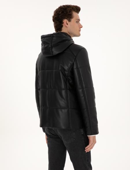 Siyah Kapüşonlu Suni Deri Ceket - 50318153005