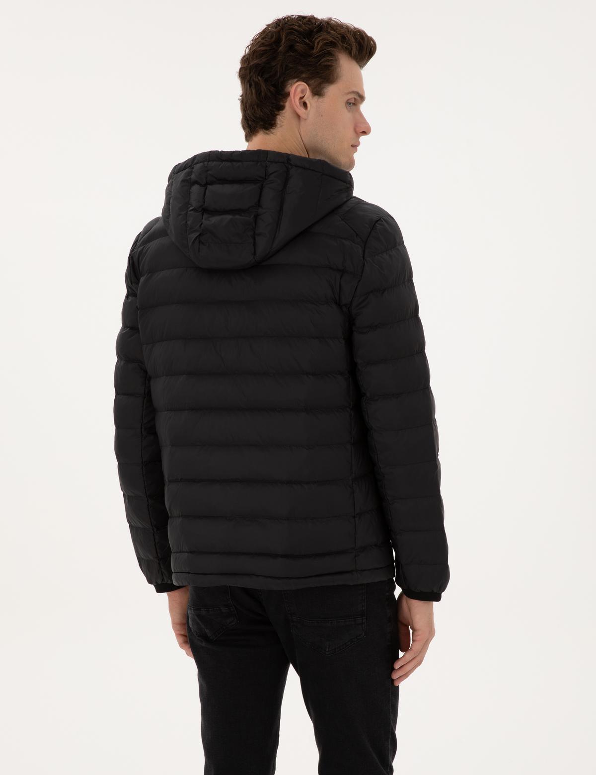 Siyah Kapitone Kapüşonlu Mont - 50310193007