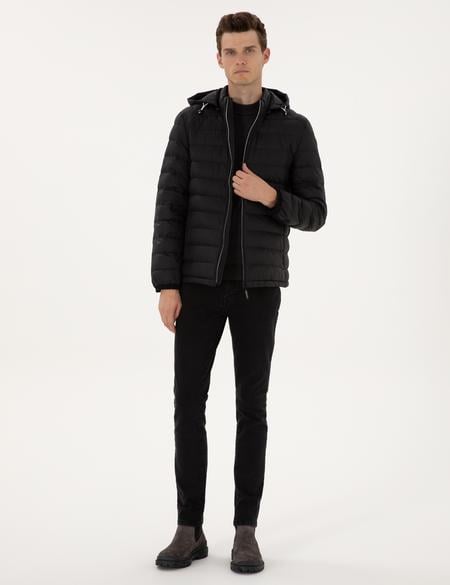 Siyah Kapitone Kapüşonlu Mont - 50310193007