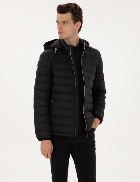 Siyah Kapitone Kapüşonlu Mont - 50310193007