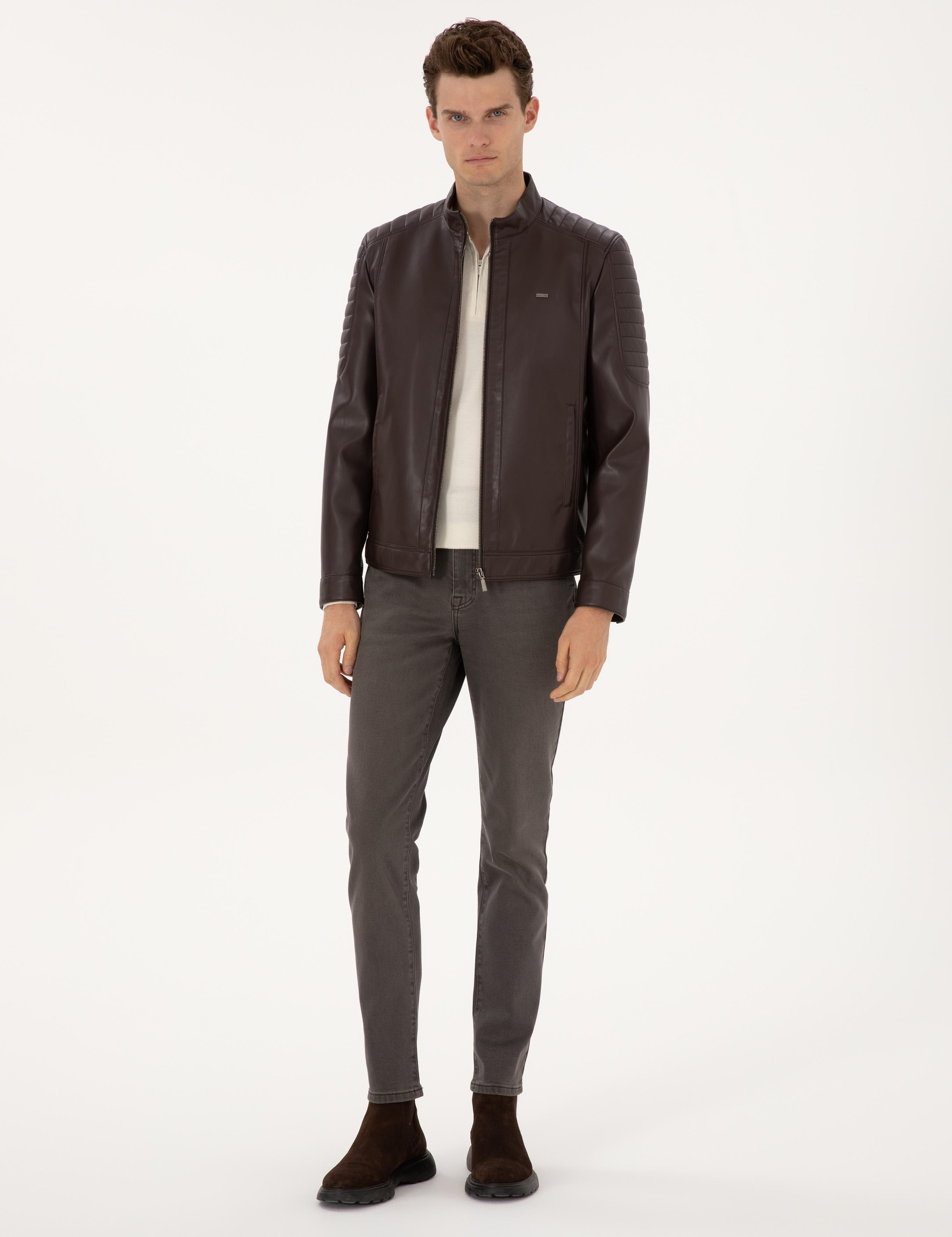 Kahverengi Suni Deri Ceket