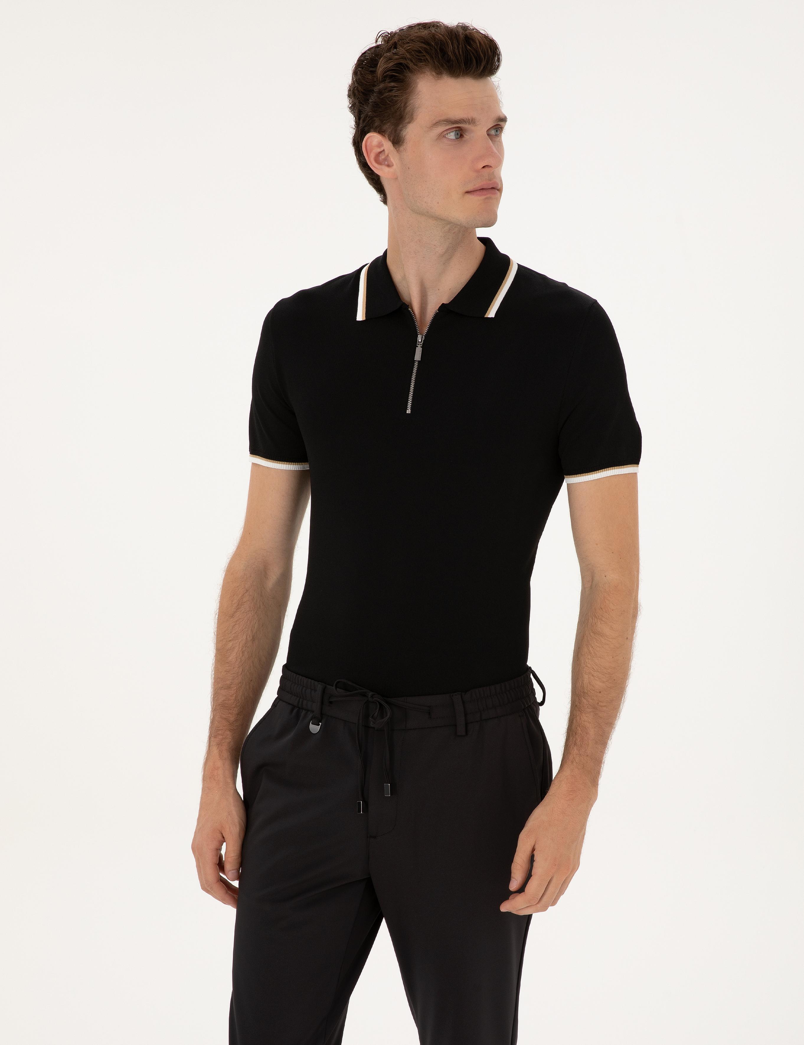 Siyah Slim Fit Polo Yaka Fermuarlı Triko Kazak