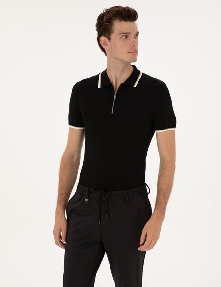 Siyah Slim Fit Polo Yaka Fermuarlı Triko Kazak - 50315745001