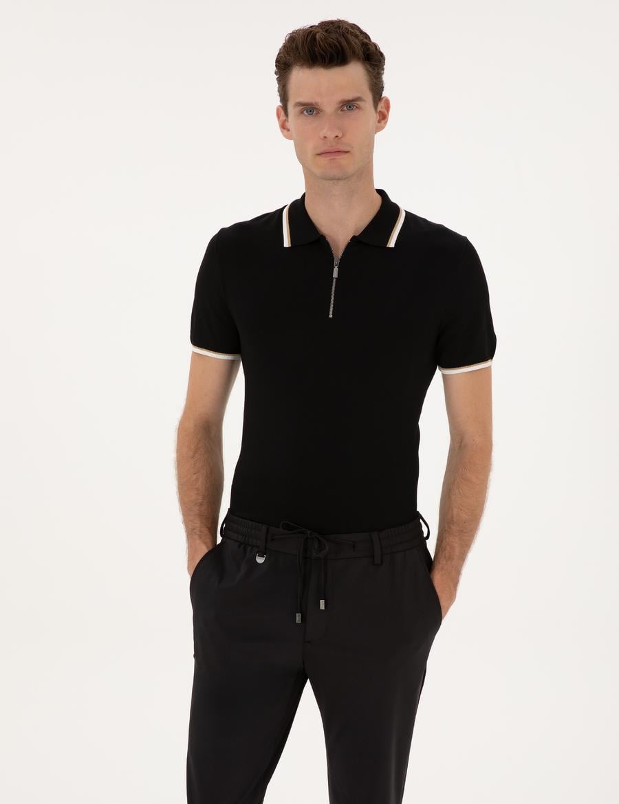 Siyah Slim Fit Polo Yaka Fermuarlı Triko Kazak