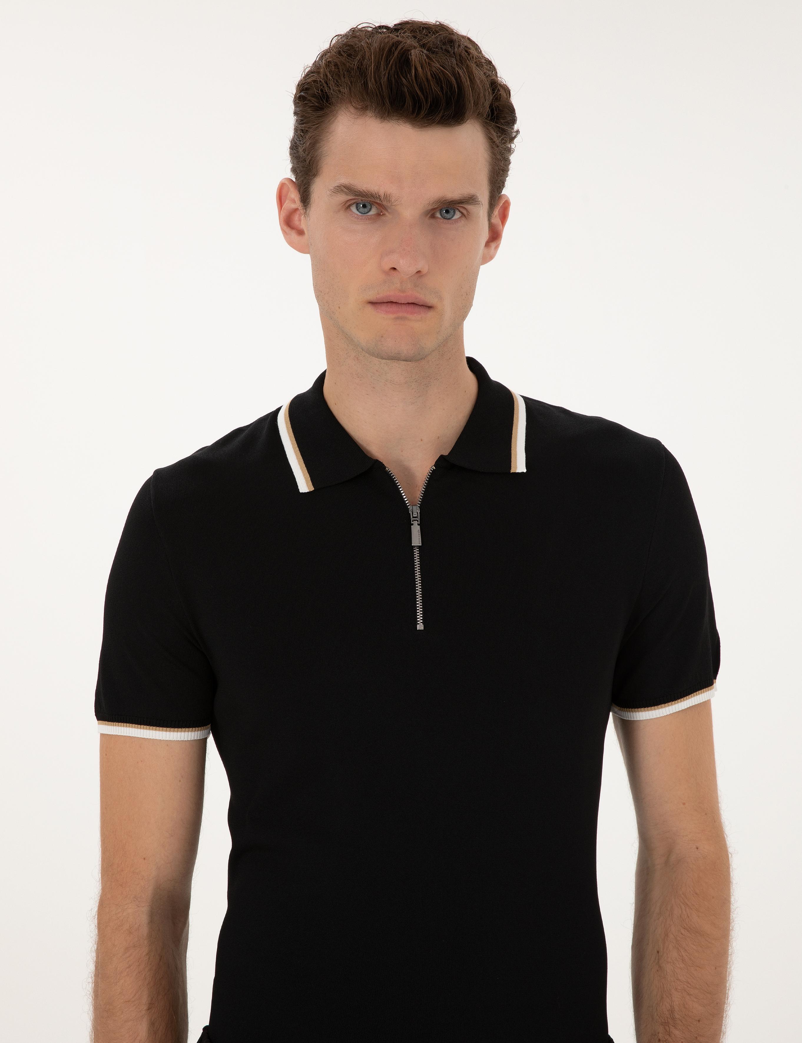 Siyah Slim Fit Polo Yaka Fermuarlı Triko Kazak